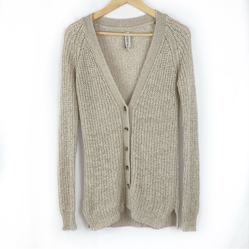 Pull & Bear Open Knit Grandpa Cardigan in Oatmeal